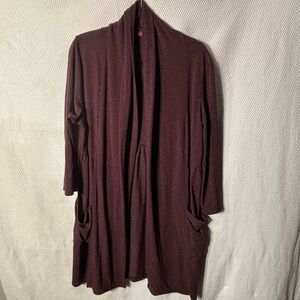 CUT LOOSE Sz L Open-Front Long Cardigan Burgundy Jersey Knit Peplum Back Hem